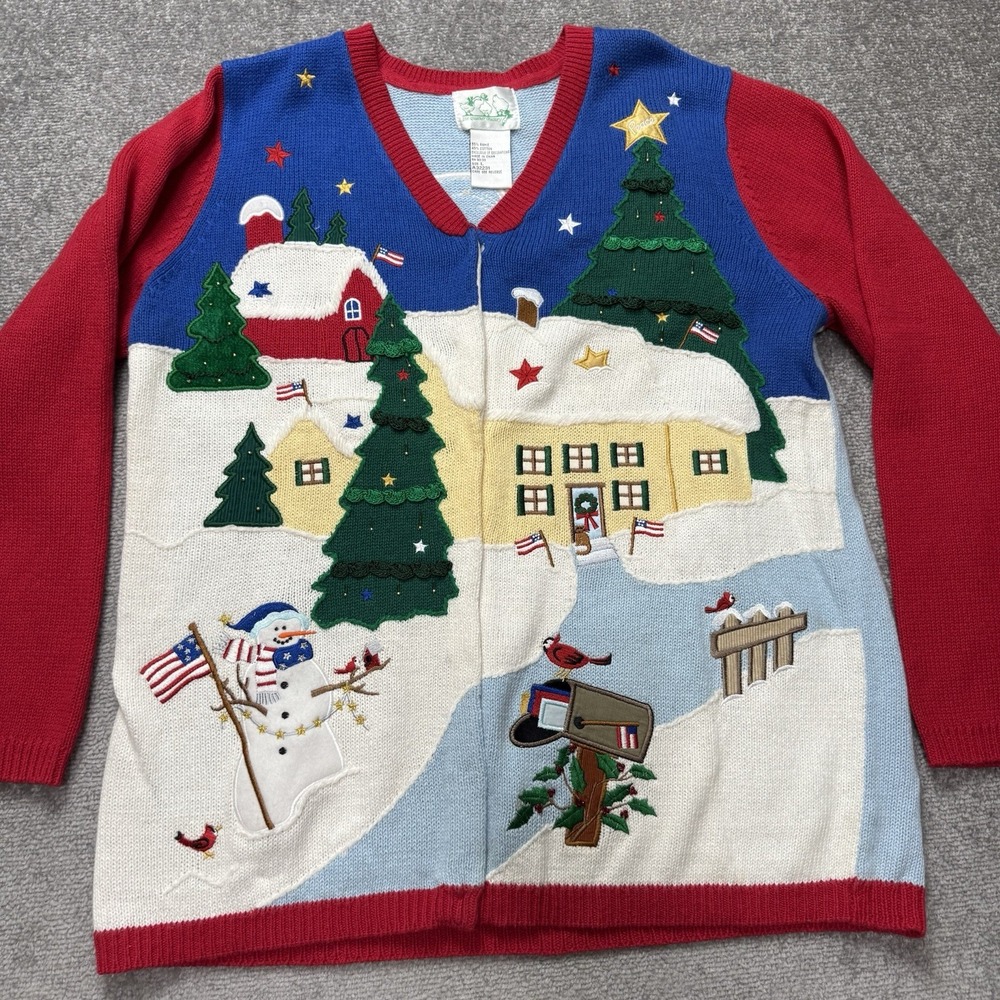 Vtg 90's Quacker Factory Christmas Sweater Knit Peace House Snowman Large
